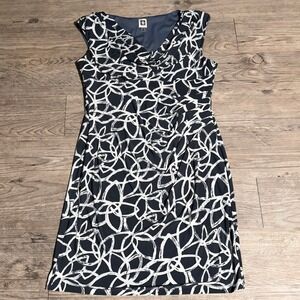 Anne Klein Navy Blue White Abstract Print Cowl Neck Sheath Dress Womens 14